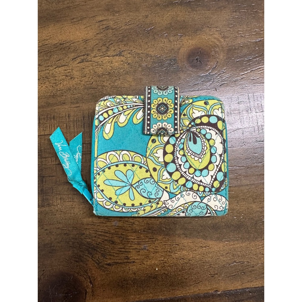 Vera Bradley Small Bifold Wallet Teal Lime Green Paisley Quilted Cotton Zip Coin